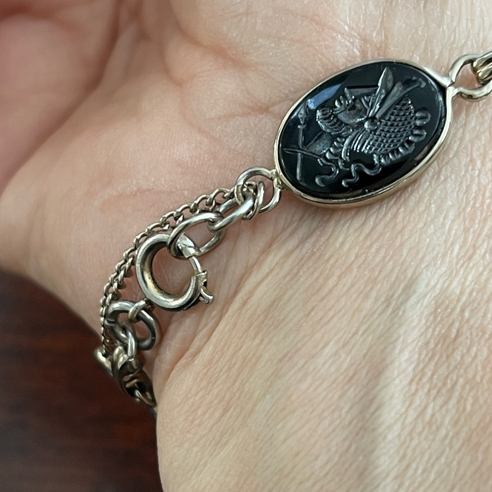 Imitation hematite carved Roman soldier silver tone adjustable bangle bracelet - Picture 6 of 7